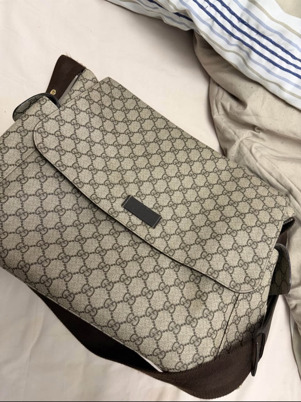 Gucci Beige GG Monogram Messenger Bag with Brown Trim